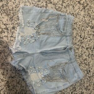 Embellished Light Blue Denim Shorts